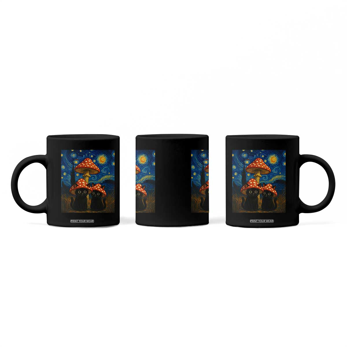 Cute Black Cat Mushroom Coffee Mug Stary Night Vangogh Amanita Muscaria TS14 Print Your Wear
