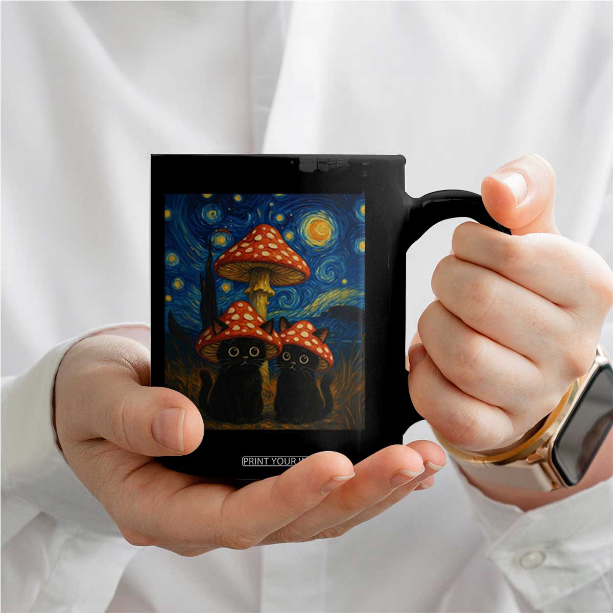 Cute Black Cat Mushroom Coffee Mug Stary Night Vangogh Amanita Muscaria TS14 Print Your Wear