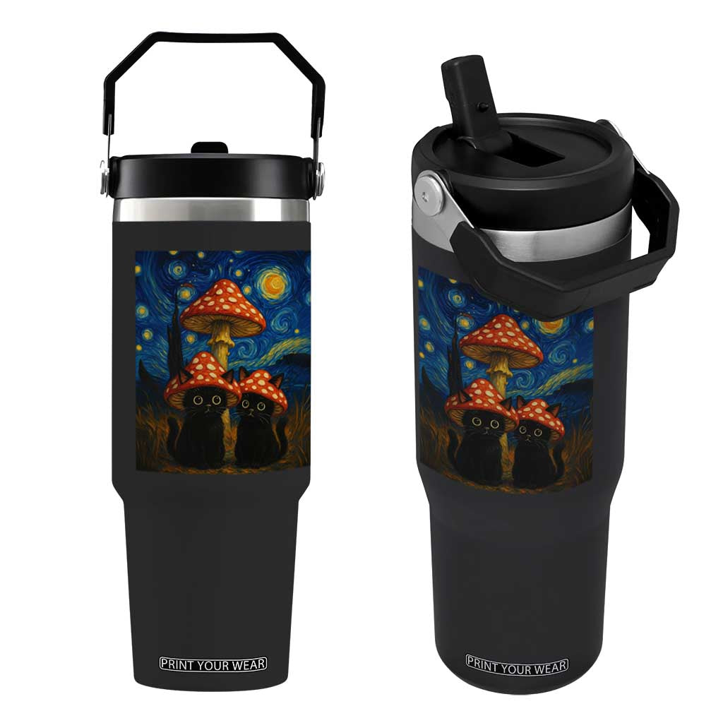 Cute Black Cat Mushroom Flip Straw Tumbler Stary Night Vangogh Amanita Muscaria TS14 One Size: 30 oz Black Print Your Wear