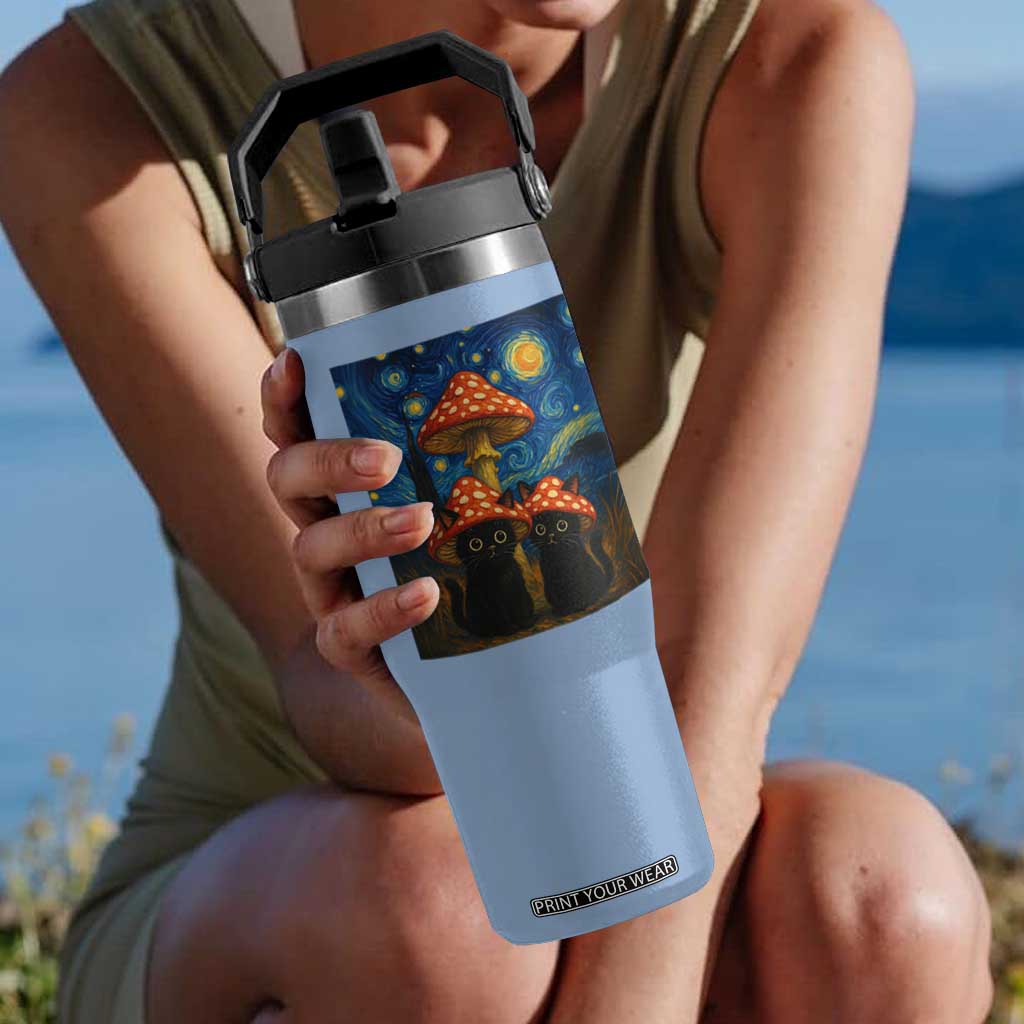 Cute Black Cat Mushroom Flip Straw Tumbler Stary Night Vangogh Amanita Muscaria TS14 One Size: 30 oz Light Blue Print Your Wear