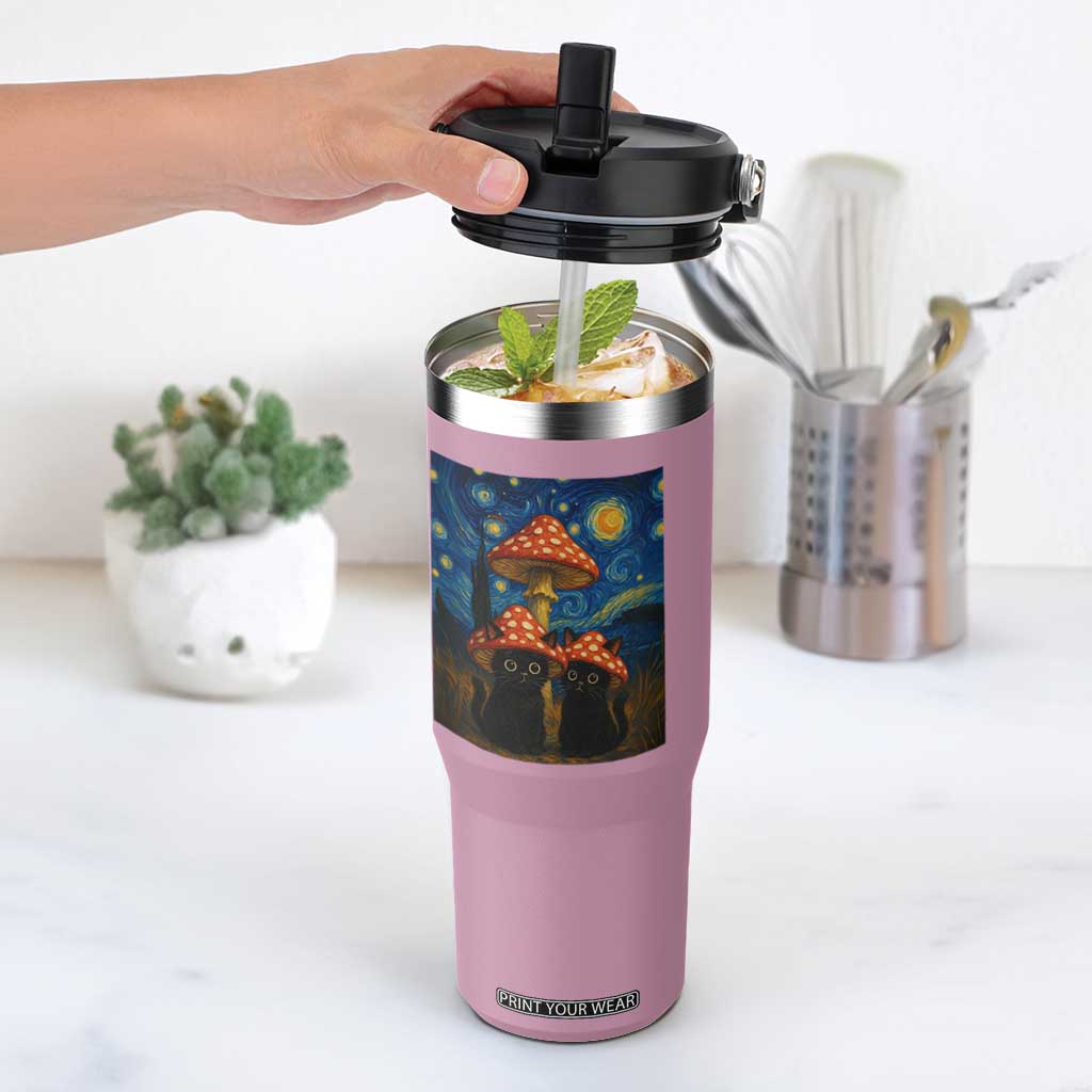 Cute Black Cat Mushroom Flip Straw Tumbler Stary Night Vangogh Amanita Muscaria TS14 One Size: 30 oz Light Pink Print Your Wear