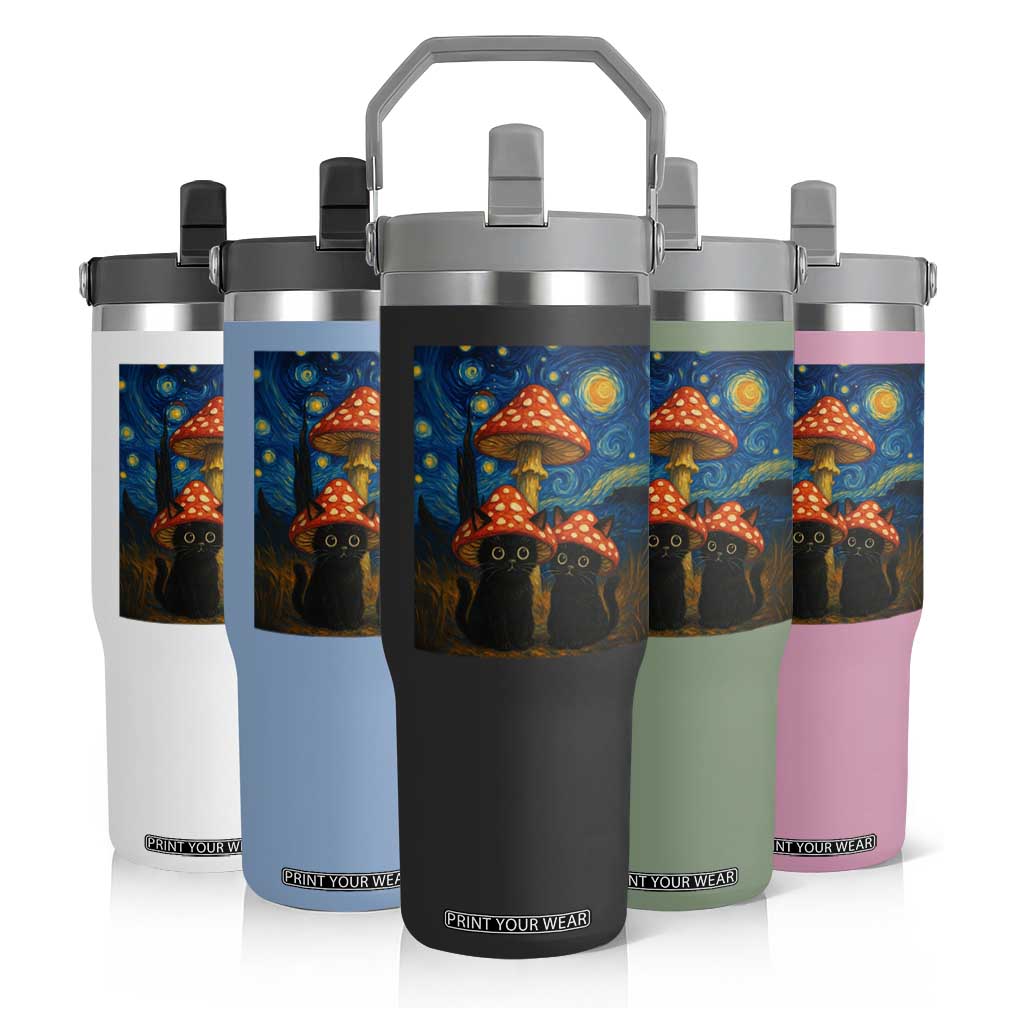Cute Black Cat Mushroom Flip Straw Tumbler Stary Night Vangogh Amanita Muscaria TS14 Print Your Wear