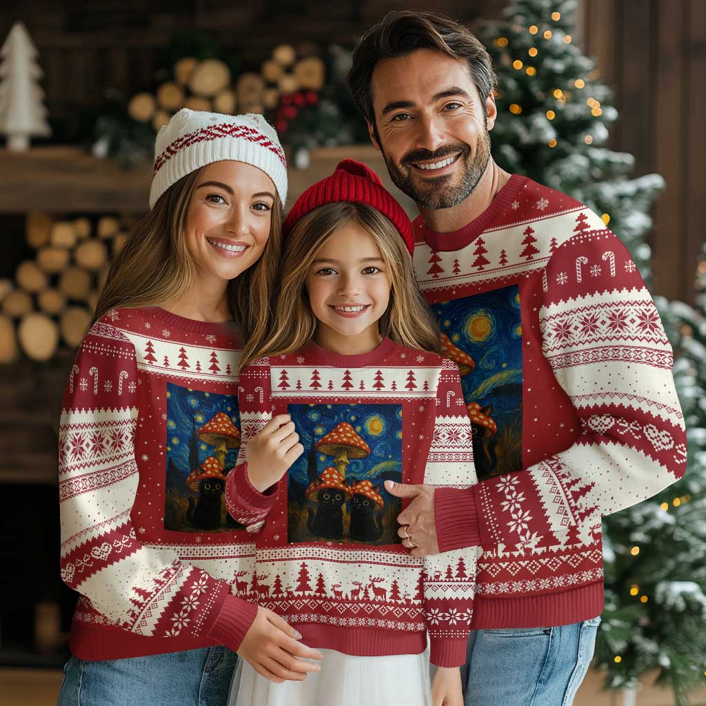 Cute Black Cat Mushroom Ugly Christmas Sweater Stary Night Vangogh Amanita Muscaria TS14 Red Beige Print Your Wear