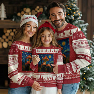 Cute Black Cat Mushroom Ugly Christmas Sweater Stary Night Vangogh Amanita Muscaria TS14 Red Beige Print Your Wear