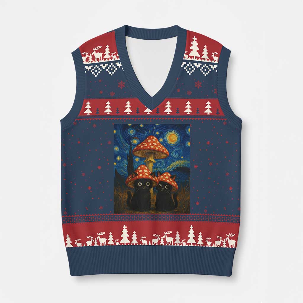 Cute Black Cat Mushroom V-Neck Knit Sweater Vest Stary Night Vangogh Amanita Muscaria TS14 Navy Red Print Your Wear