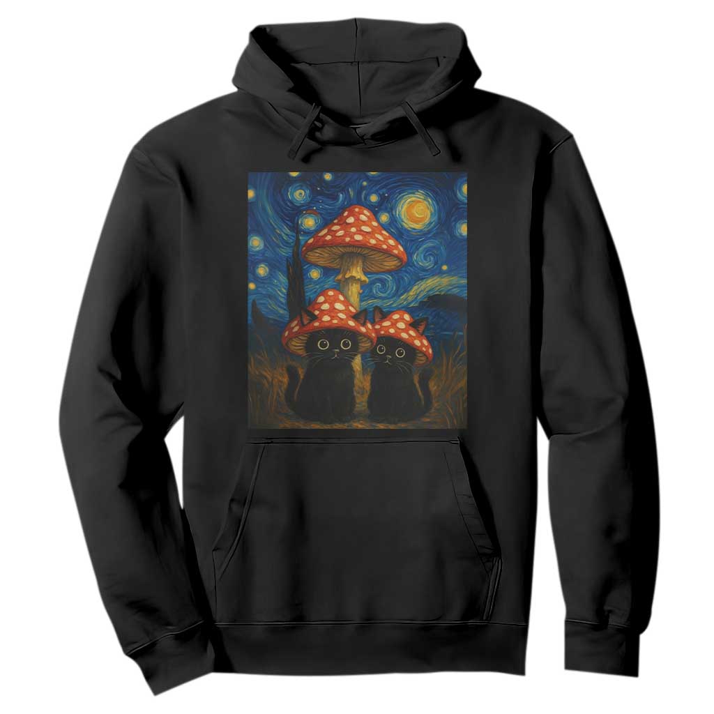 Cute Black Cat Mushroom Hoodie Stary Night Vangogh Amanita Muscaria TS14 Black Print Your Wear