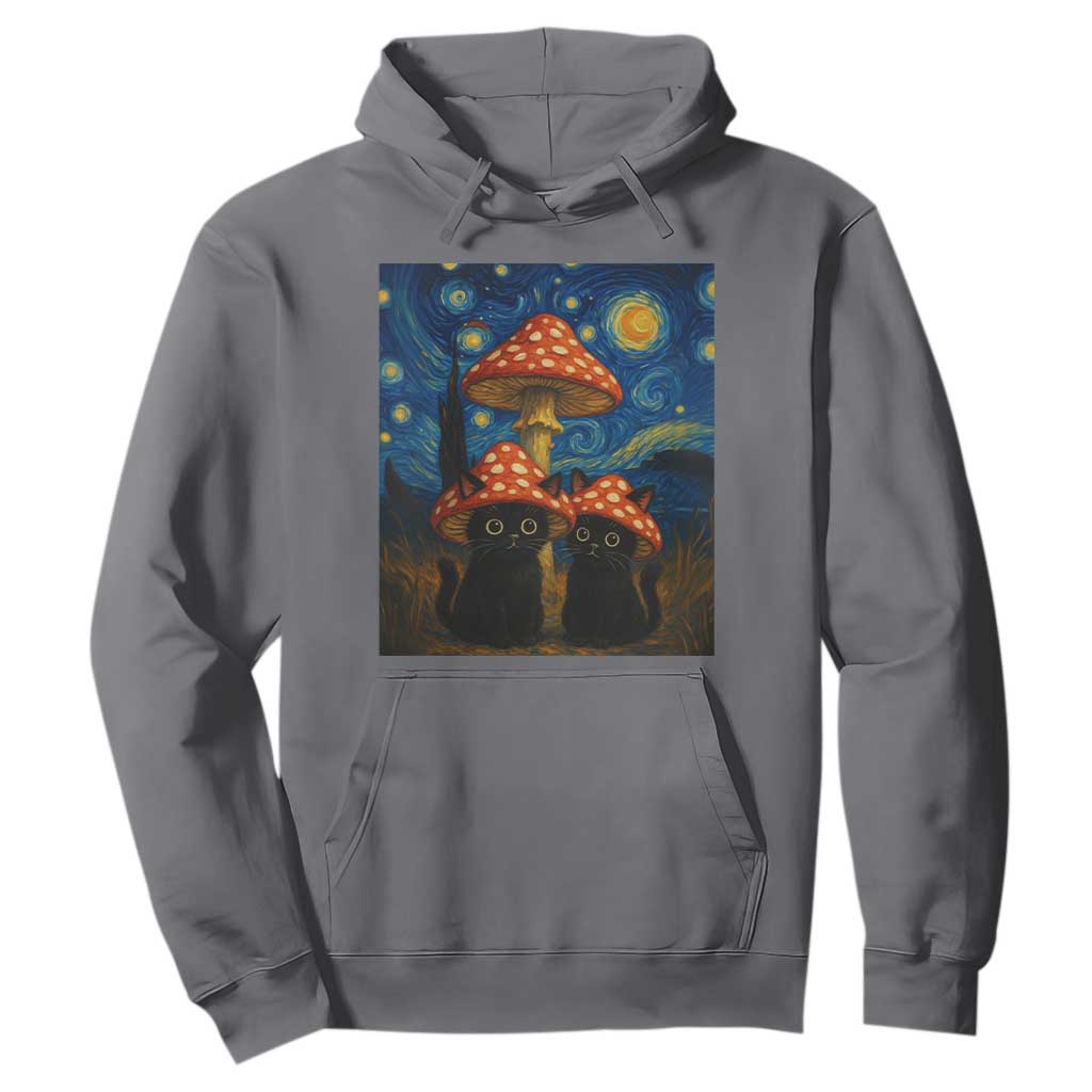 Cute Black Cat Mushroom Hoodie Stary Night Vangogh Amanita Muscaria TS14 Charcoal Print Your Wear