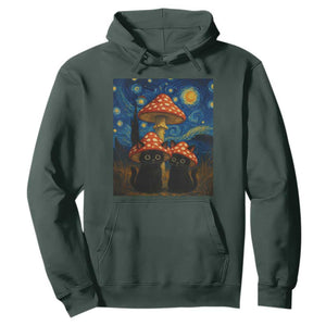 Cute Black Cat Mushroom Hoodie Stary Night Vangogh Amanita Muscaria TS14 Dark Forest Green Print Your Wear