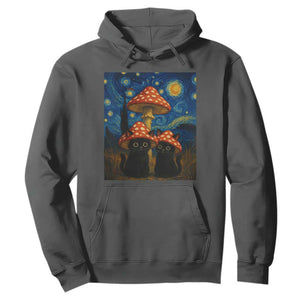 Cute Black Cat Mushroom Hoodie Stary Night Vangogh Amanita Muscaria TS14 Dark Heather Print Your Wear