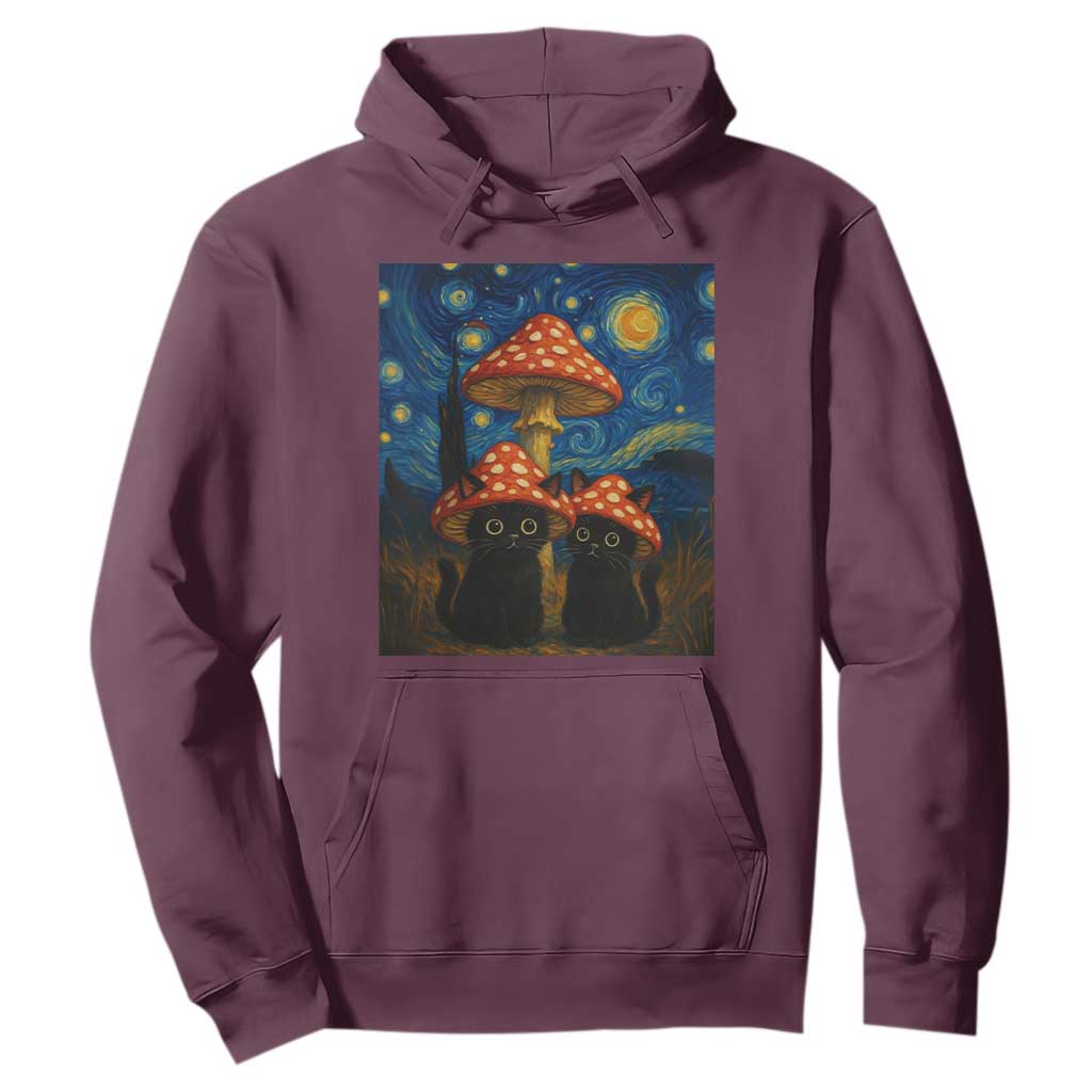 Cute Black Cat Mushroom Hoodie Stary Night Vangogh Amanita Muscaria TS14 Maroon Print Your Wear