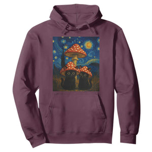 Cute Black Cat Mushroom Hoodie Stary Night Vangogh Amanita Muscaria TS14 Maroon Print Your Wear