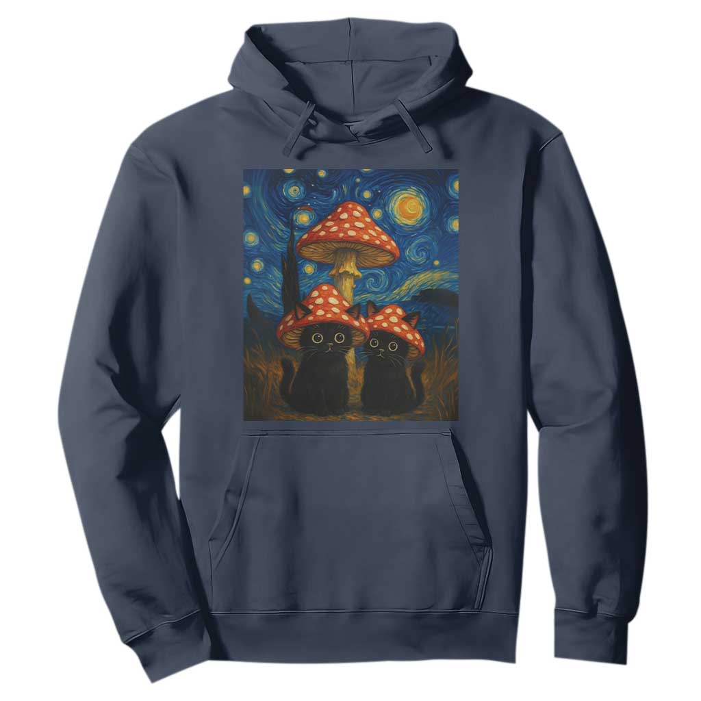 Cute Black Cat Mushroom Hoodie Stary Night Vangogh Amanita Muscaria TS14 Navy Print Your Wear