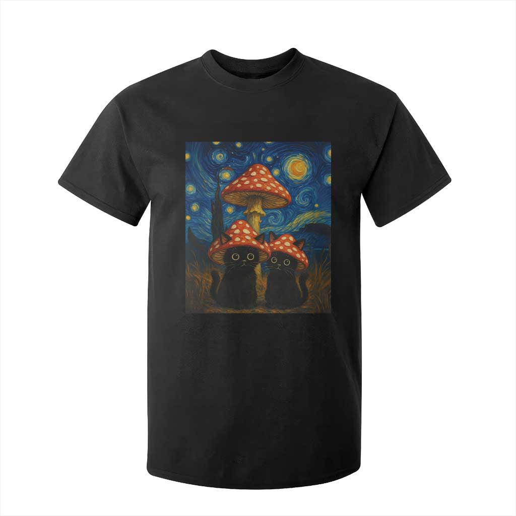 Cute Black Cat Mushroom T Shirt For Kid Stary Night Vangogh Amanita Muscaria TS14 Black Print Your Wear