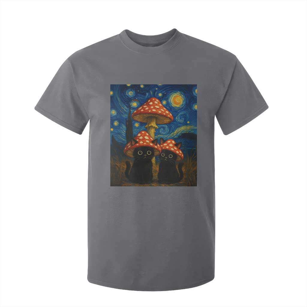 Cute Black Cat Mushroom T Shirt For Kid Stary Night Vangogh Amanita Muscaria TS14 Charcoal Print Your Wear