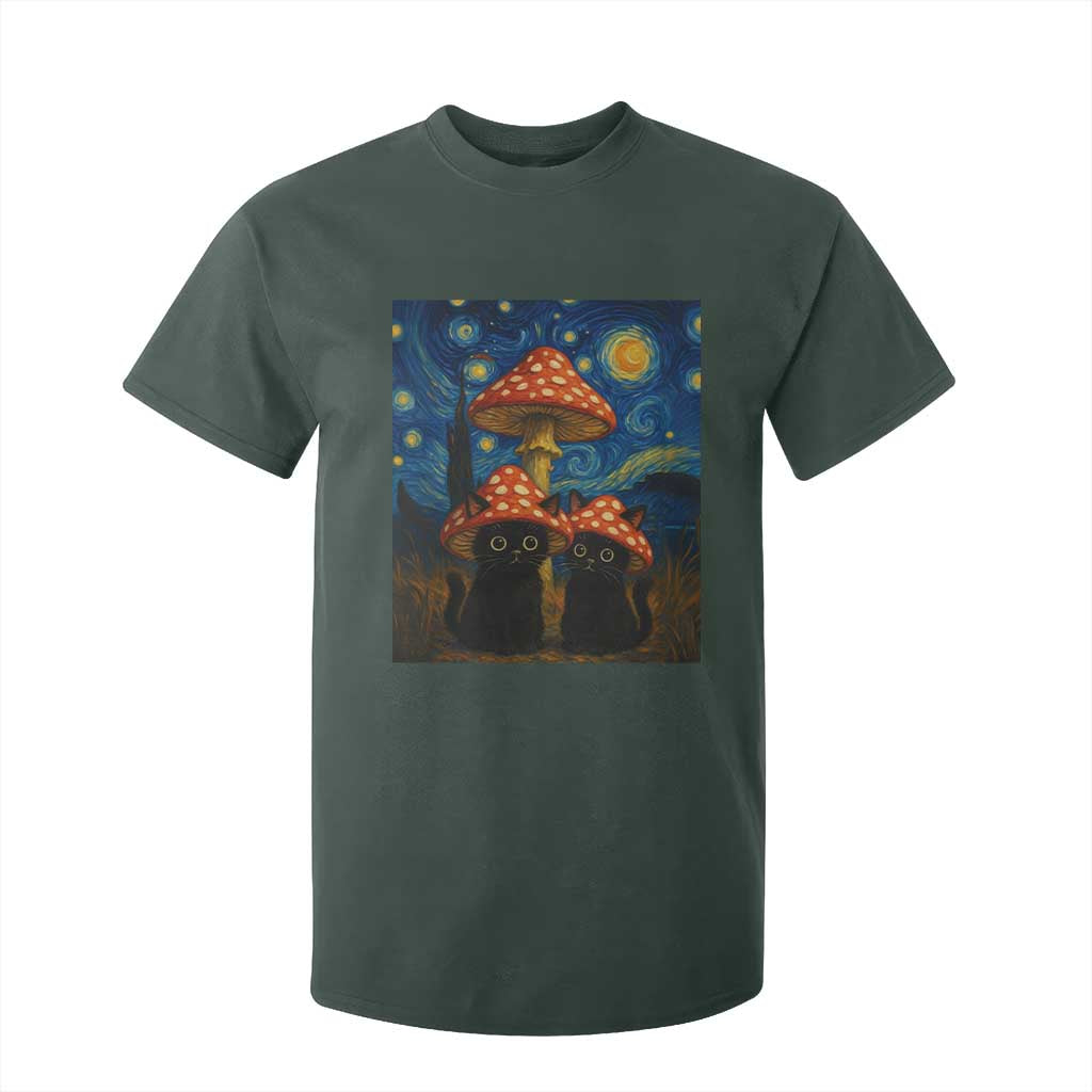 Cute Black Cat Mushroom T Shirt For Kid Stary Night Vangogh Amanita Muscaria TS14 Dark Forest Green Print Your Wear