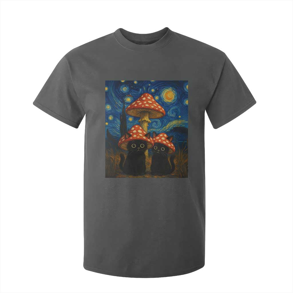Cute Black Cat Mushroom T Shirt For Kid Stary Night Vangogh Amanita Muscaria TS14 Dark Heather Print Your Wear