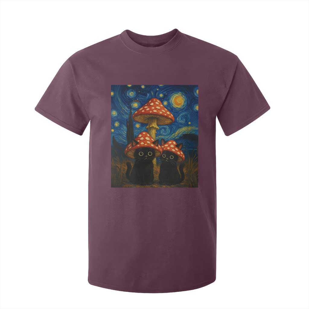 Cute Black Cat Mushroom T Shirt For Kid Stary Night Vangogh Amanita Muscaria TS14 Maroon Print Your Wear