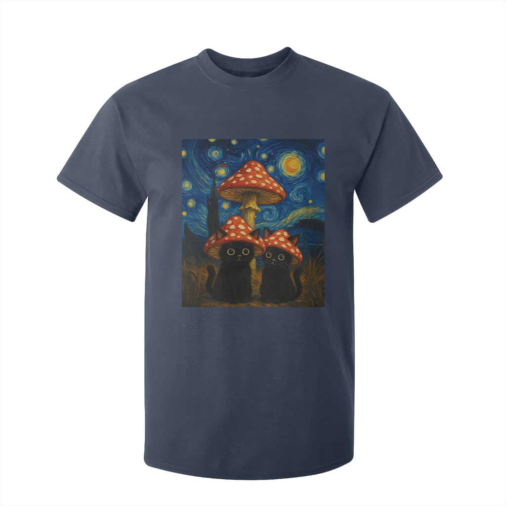 Cute Black Cat Mushroom T Shirt For Kid Stary Night Vangogh Amanita Muscaria TS14 Navy Print Your Wear