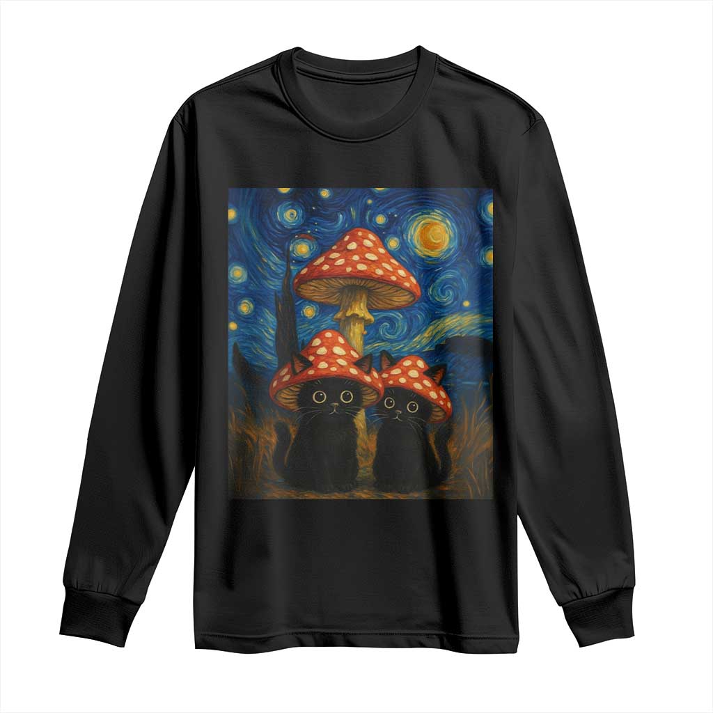 Cute Black Cat Mushroom Long Sleeve Shirt Stary Night Vangogh Amanita Muscaria TS14 Black Print Your Wear