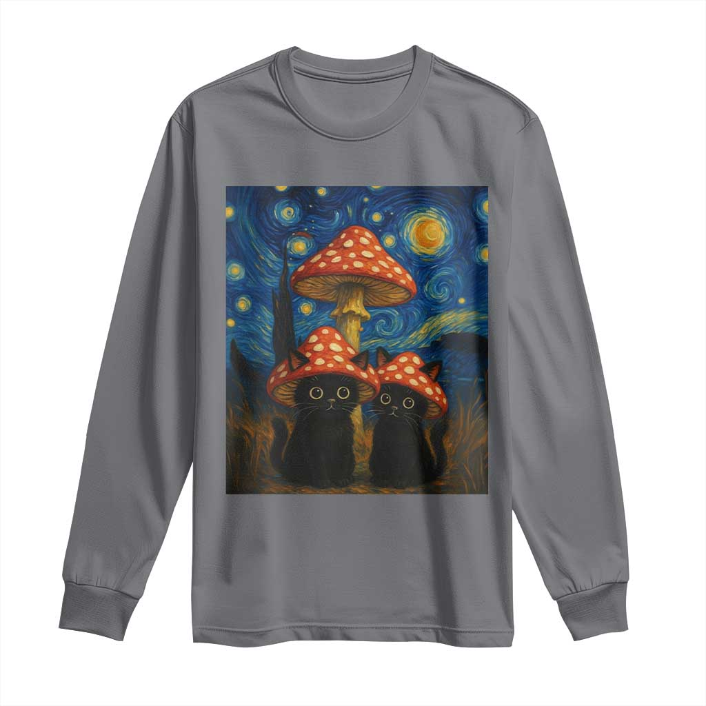 Cute Black Cat Mushroom Long Sleeve Shirt Stary Night Vangogh Amanita Muscaria TS14 Charcoal Print Your Wear