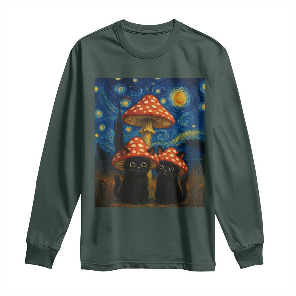 Cute Black Cat Mushroom Long Sleeve Shirt Stary Night Vangogh Amanita Muscaria TS14 Dark Forest Green Print Your Wear