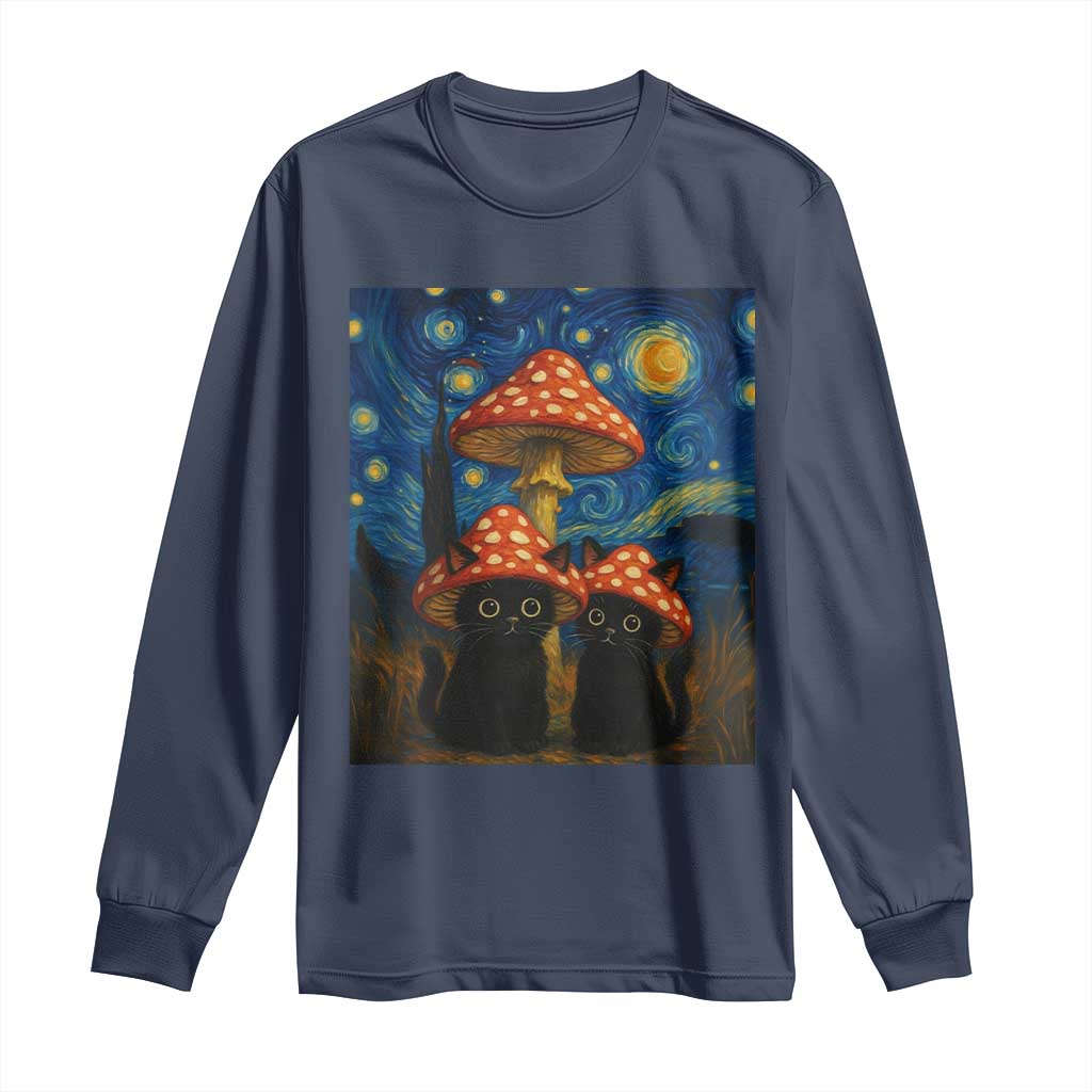Cute Black Cat Mushroom Long Sleeve Shirt Stary Night Vangogh Amanita Muscaria TS14 Navy Print Your Wear
