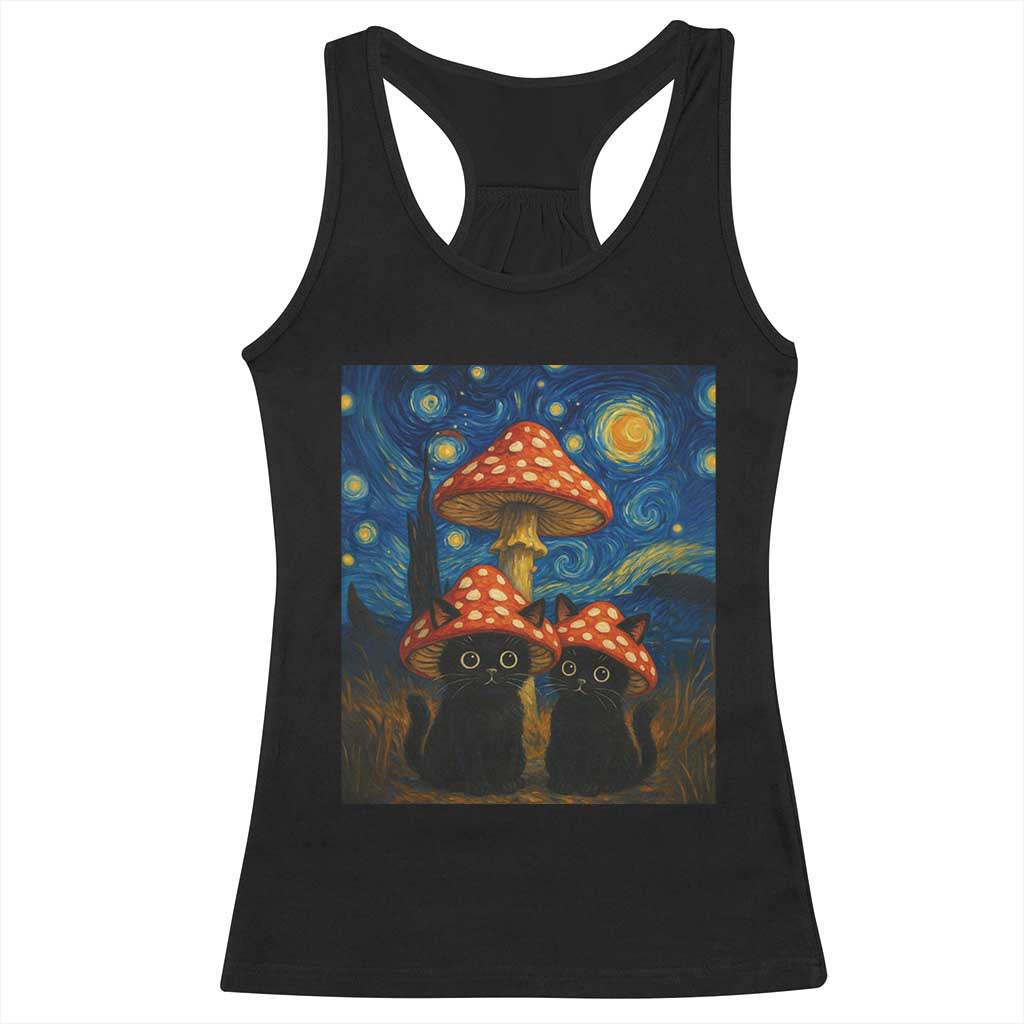 Cute Black Cat Mushroom Racerback Tank Top Stary Night Vangogh Amanita Muscaria TS14 Black Print Your Wear
