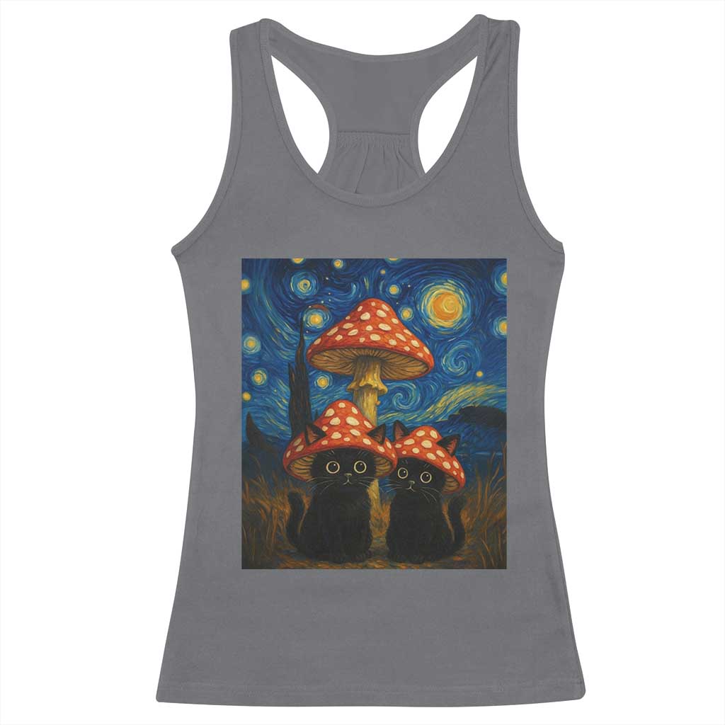 Cute Black Cat Mushroom Racerback Tank Top Stary Night Vangogh Amanita Muscaria TS14 Charcoal Print Your Wear