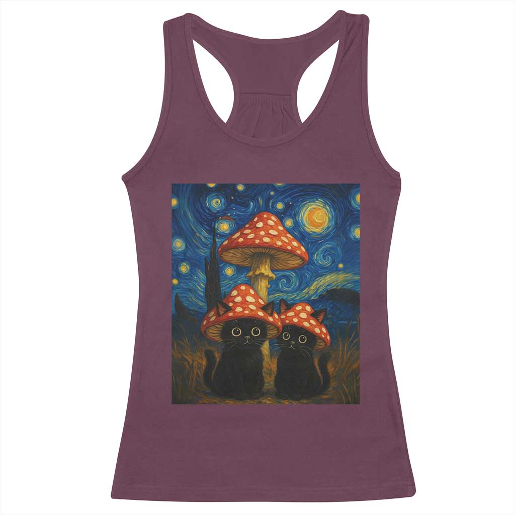 Cute Black Cat Mushroom Racerback Tank Top Stary Night Vangogh Amanita Muscaria TS14 Maroon Print Your Wear