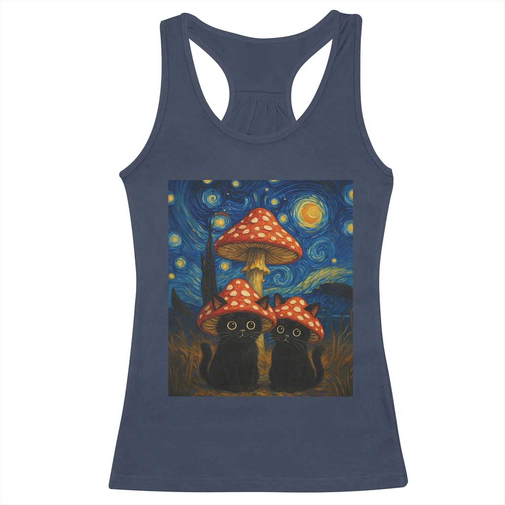 Cute Black Cat Mushroom Racerback Tank Top Stary Night Vangogh Amanita Muscaria TS14 Navy Print Your Wear