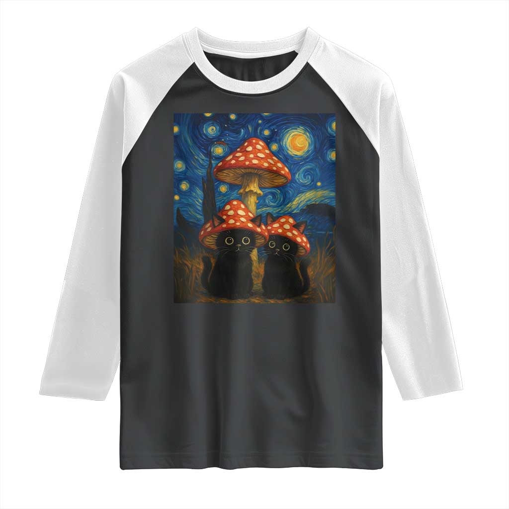 Cute Black Cat Mushroom Raglan Shirt Stary Night Vangogh Amanita Muscaria TS14 Black White Print Your Wear