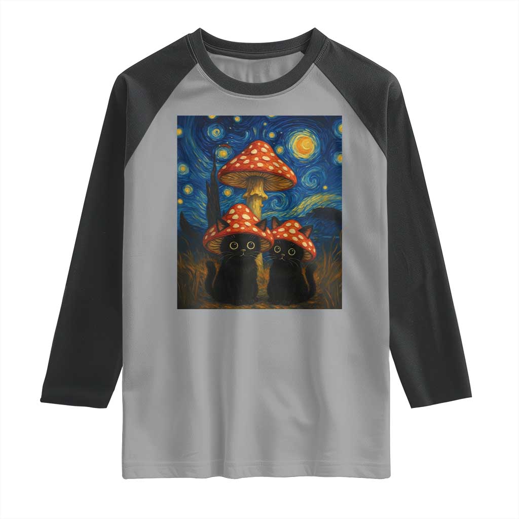 Cute Black Cat Mushroom Raglan Shirt Stary Night Vangogh Amanita Muscaria TS14 Sport Gray Black Print Your Wear
