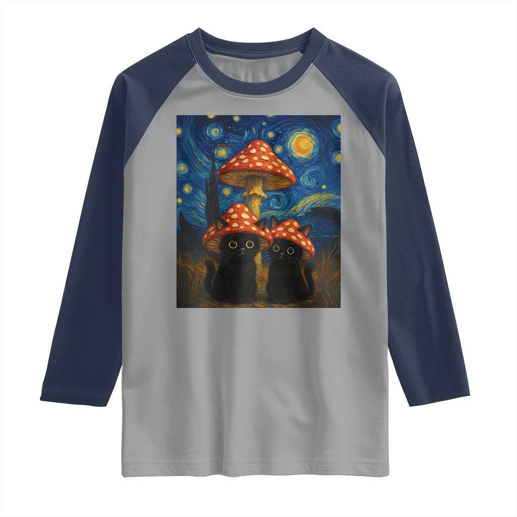 Cute Black Cat Mushroom Raglan Shirt Stary Night Vangogh Amanita Muscaria TS14 Sport Gray Navy Print Your Wear