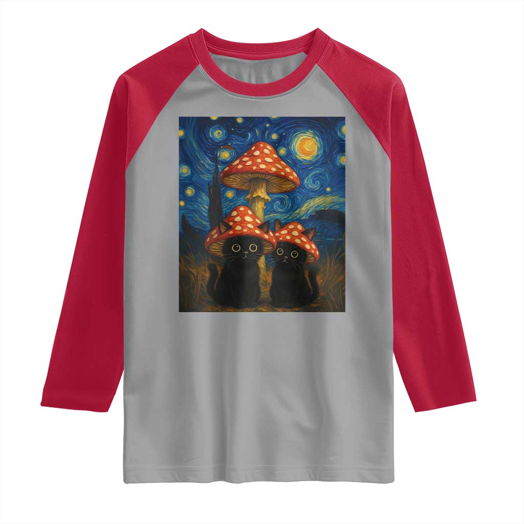 Cute Black Cat Mushroom Raglan Shirt Stary Night Vangogh Amanita Muscaria TS14 Sport Gray Red Print Your Wear