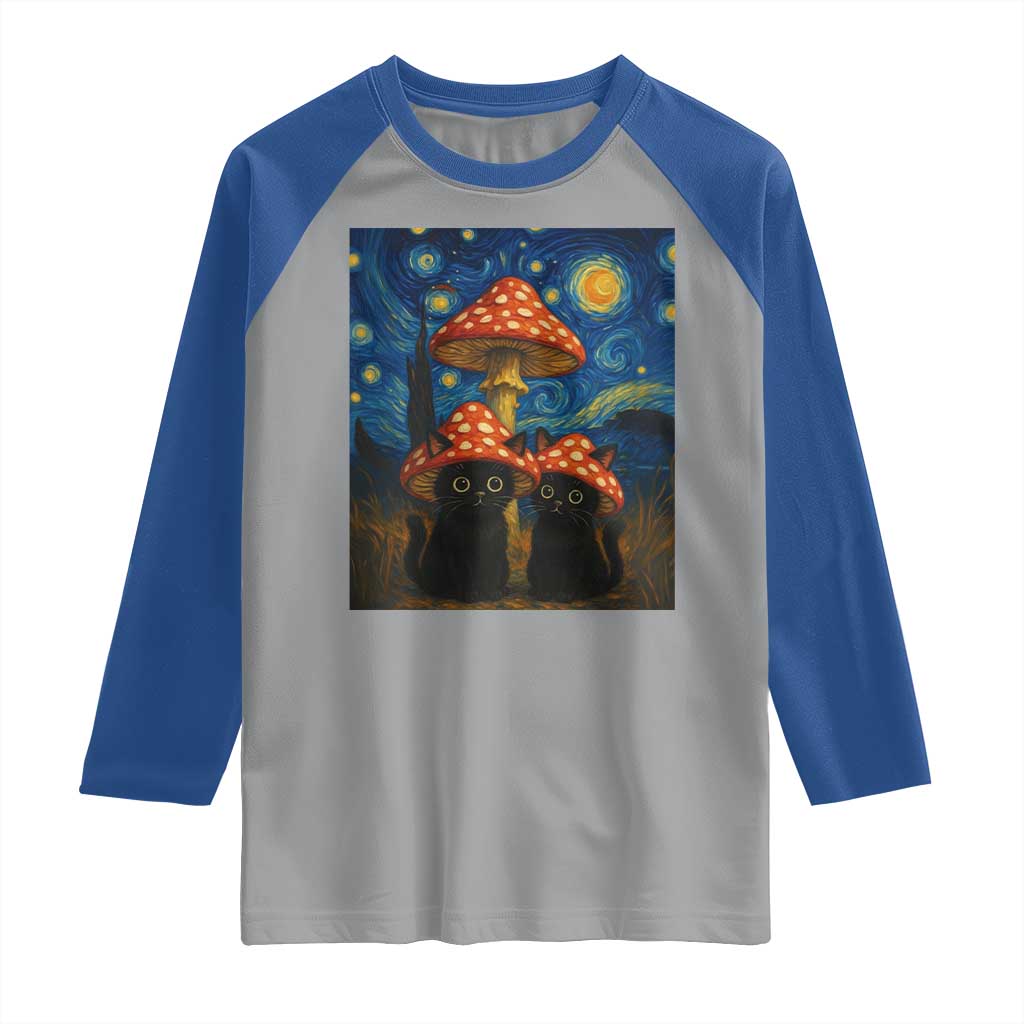 Cute Black Cat Mushroom Raglan Shirt Stary Night Vangogh Amanita Muscaria TS14 Sport Gray Royal Print Your Wear
