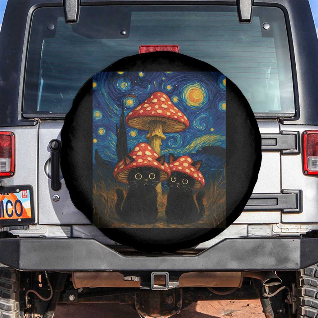Cute Black Cat Mushroom Spare Tire Cover Stary Night Vangogh Amanita Muscaria TS14 No hole Black Print Your Wear