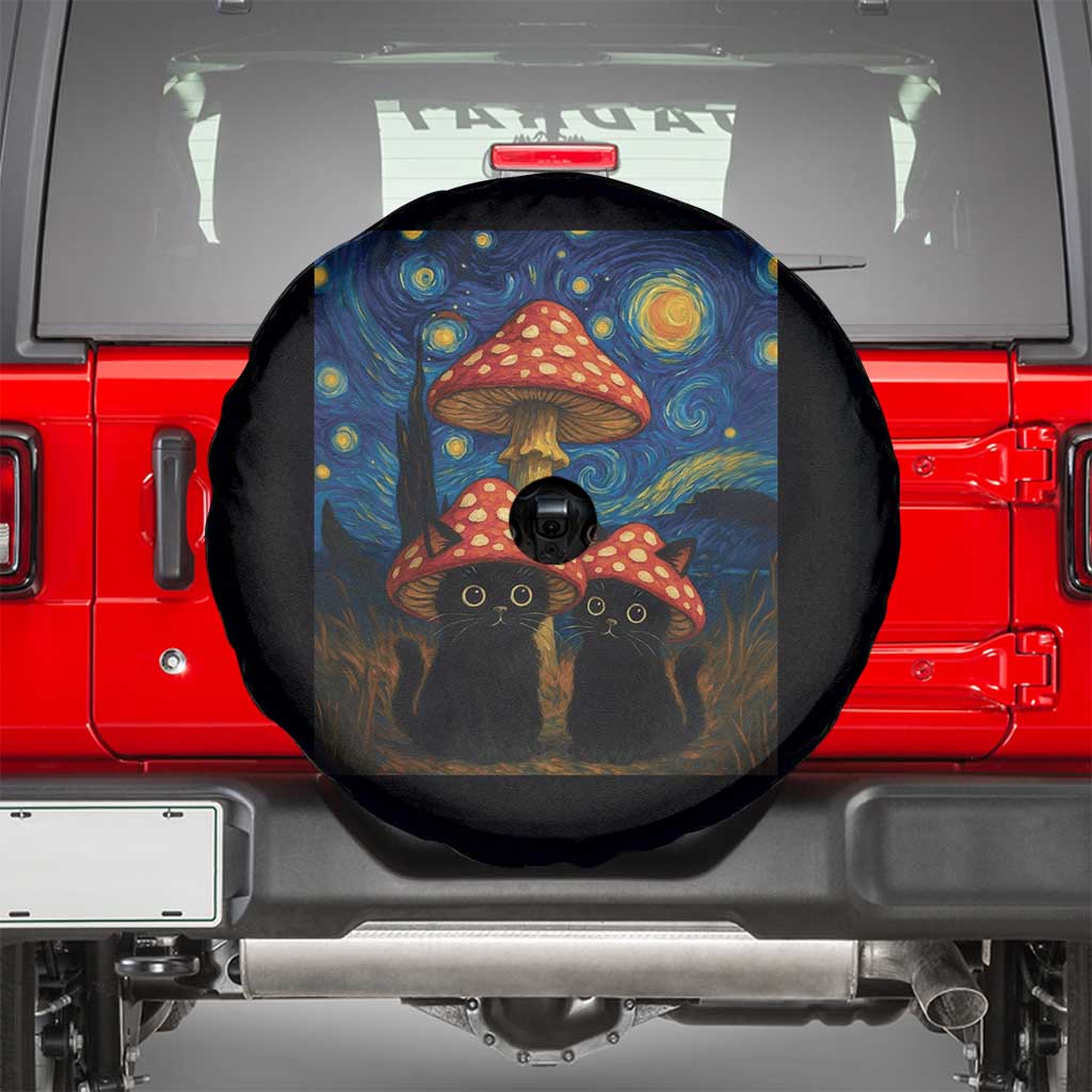 Cute Black Cat Mushroom Spare Tire Cover Stary Night Vangogh Amanita Muscaria TS14 Black Print Your Wear