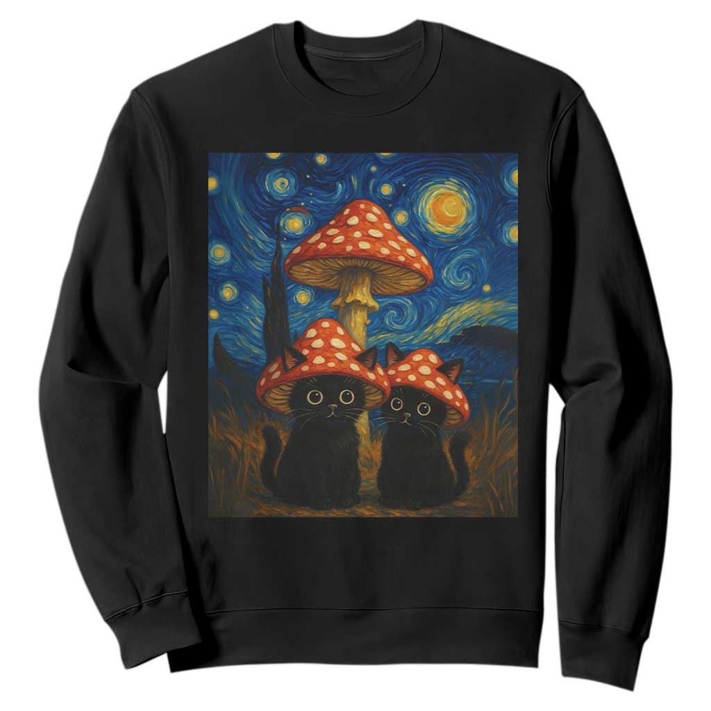 Cute Black Cat Mushroom Sweatshirt Stary Night Vangogh Amanita Muscaria TS14 Black Print Your Wear