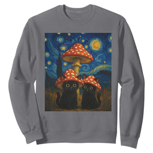 Cute Black Cat Mushroom Sweatshirt Stary Night Vangogh Amanita Muscaria TS14 Charcoal Print Your Wear