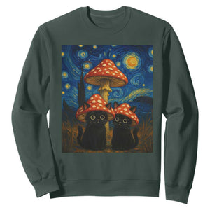 Cute Black Cat Mushroom Sweatshirt Stary Night Vangogh Amanita Muscaria TS14 Dark Forest Green Print Your Wear