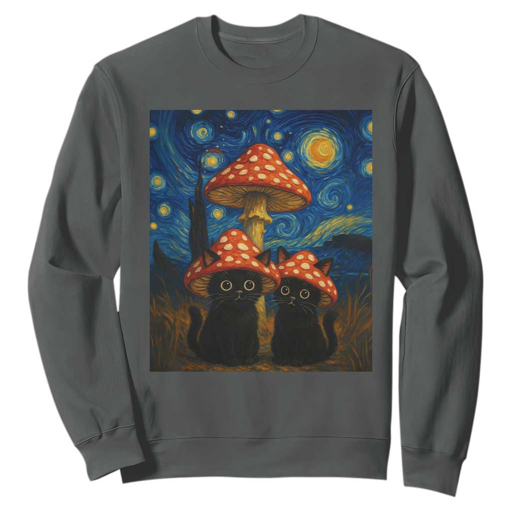 Cute Black Cat Mushroom Sweatshirt Stary Night Vangogh Amanita Muscaria TS14 Dark Heather Print Your Wear