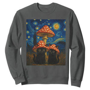 Cute Black Cat Mushroom Sweatshirt Stary Night Vangogh Amanita Muscaria TS14 Dark Heather Print Your Wear
