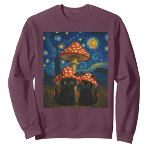 Cute Black Cat Mushroom Sweatshirt Stary Night Vangogh Amanita Muscaria TS14 Maroon Print Your Wear
