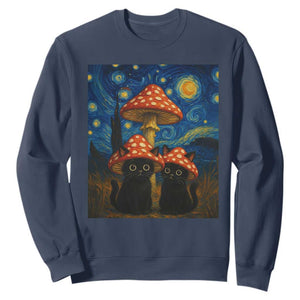 Cute Black Cat Mushroom Sweatshirt Stary Night Vangogh Amanita Muscaria TS14 Navy Print Your Wear
