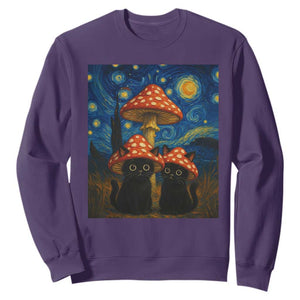 Cute Black Cat Mushroom Sweatshirt Stary Night Vangogh Amanita Muscaria TS14 Purple Print Your Wear