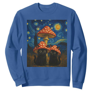 Cute Black Cat Mushroom Sweatshirt Stary Night Vangogh Amanita Muscaria TS14 Royal Blue Print Your Wear