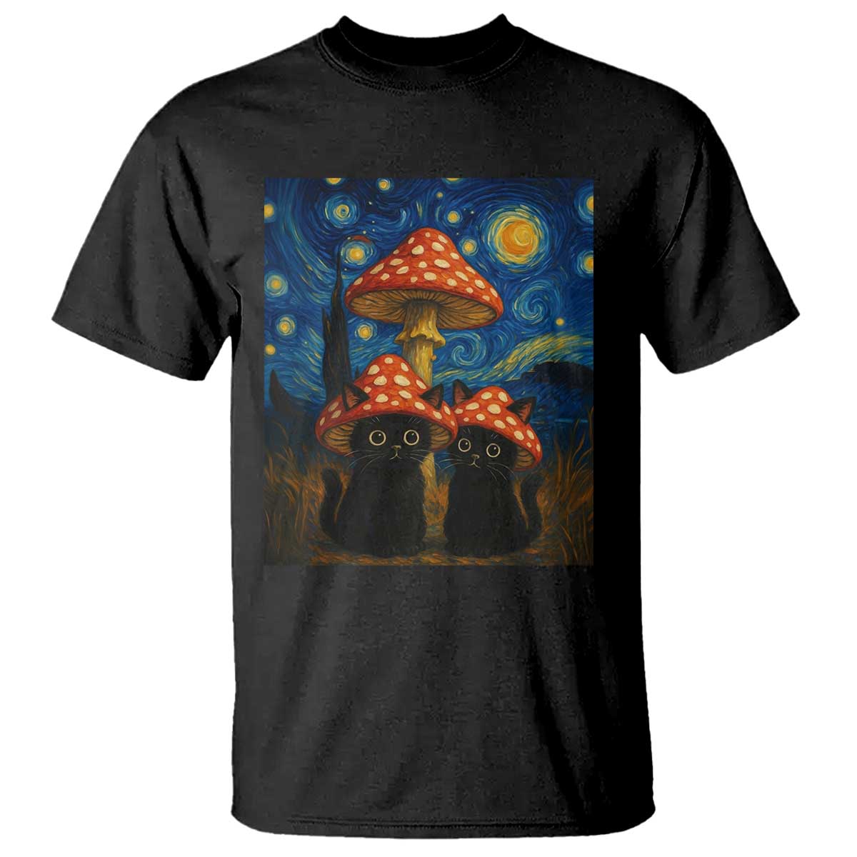 Cute Black Cat Mushroom T Shirt Stary Night Vangogh Amanita Muscaria TS14 Black Print Your Wear