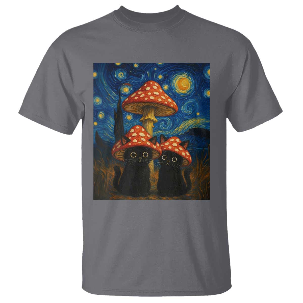 Cute Black Cat Mushroom T Shirt Stary Night Vangogh Amanita Muscaria TS14 Charcoal Print Your Wear