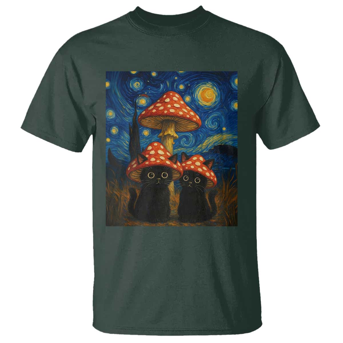 Cute Black Cat Mushroom T Shirt Stary Night Vangogh Amanita Muscaria TS14 Dark Forest Green Print Your Wear