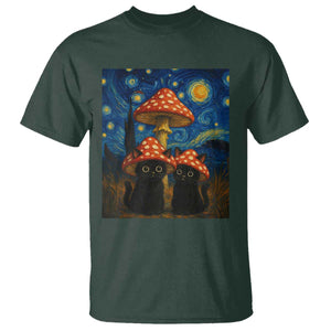 Cute Black Cat Mushroom T Shirt Stary Night Vangogh Amanita Muscaria TS14 Dark Forest Green Print Your Wear